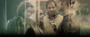 Artistic overlapping of two photos. The first photo shows faculty member Michael Goldfried standing in between two actors facing eachtother, presumably giving them directions. The other photo shows alumnus Mayid Guerrero speaking with an actor on his set.