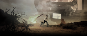 Artistic overlap of photos showing a person filming with a camera overlapped over another person running through a field holding a blazing object
