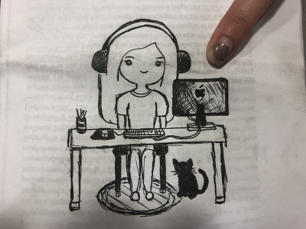 Sketch of a person sitting at their computer desk with headphones on and a small black cat by their feet.