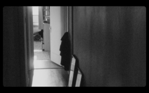 Black and white image from Gonnie Zur's film. Shows an empty hallway leading to a room with the door open and sunlight creeping through.