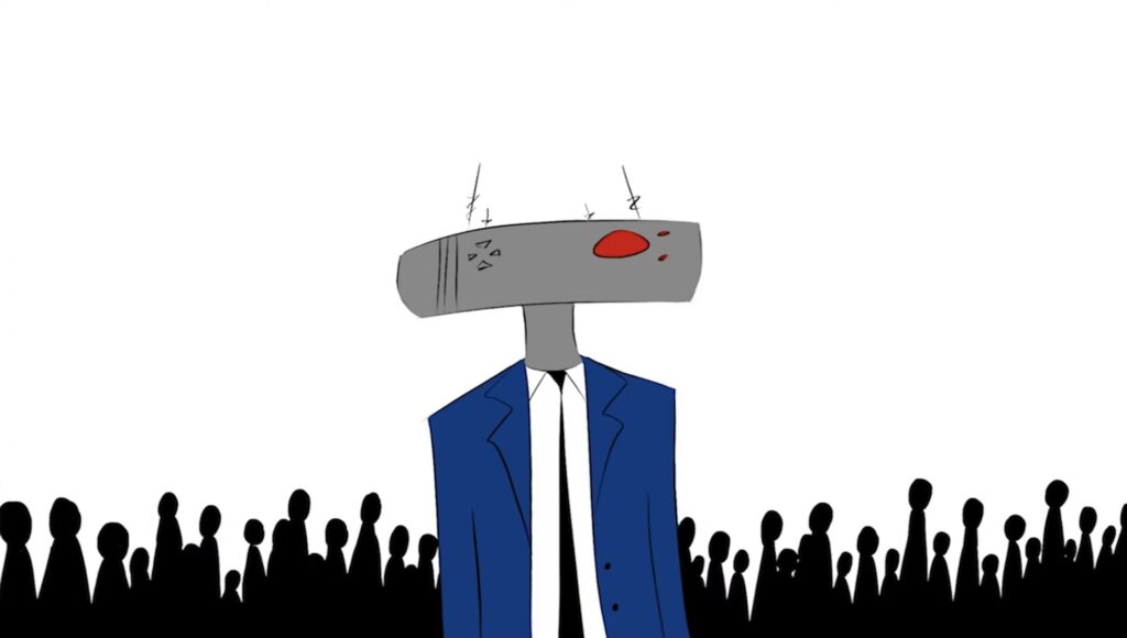 Robot character from Ahmari Ly-Johnson's short film, The Robot Who Loved Art, a grey rectangular head with a red eye, wearing a blue suit with a black tie in front of a crowd of people in silhouette over a white background