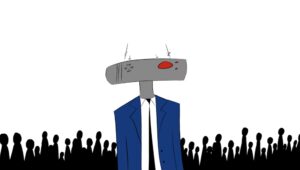 Robot character from Ahmari Ly-Johnson's short film, The Robot Who Loved Art, a grey rectangular head with a red eye, wearing a blue suit with a black tie in front of a crowd of people shaded black over a white background