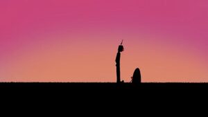 still from Ahmari Ly-Johnson's animated film, The Robot who Loved Art, shows the robot character in silhouette in front of a purple sky standing over a gravestone
