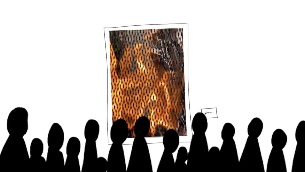 still from Ahmari Ly-Johnson's animated film, The Robot who Loved Art, shows a group of people in silhouette over a white background looking at a piece of art that shows a fire burning.