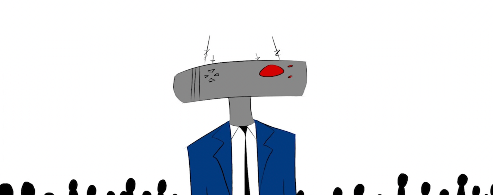 Robot character from Ahmari Ly-Johnson's short film, The Robot Who Loved Art, a grey rectangular head with a red eye, wearing a blue suit with a black tie in front of a crowd of people shaded black over a white background