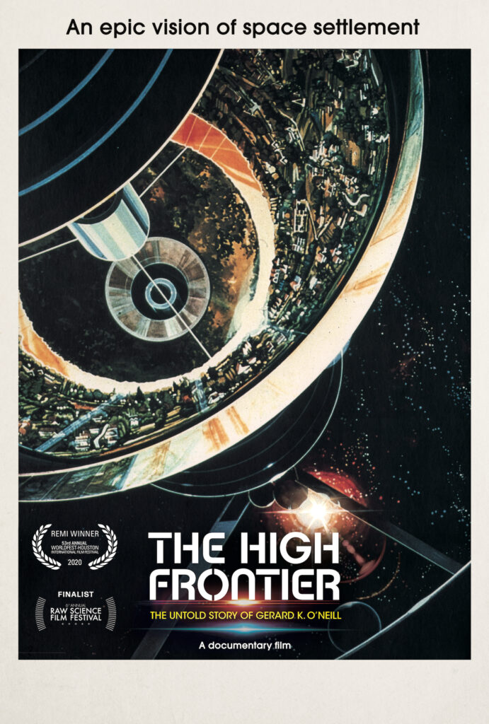 poster for Will Henry's film, The High Frontier shows an object in space with the sun behind it.