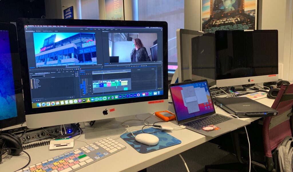 A computer in the SVA lab with Adobe Premiere Pro on the screen.