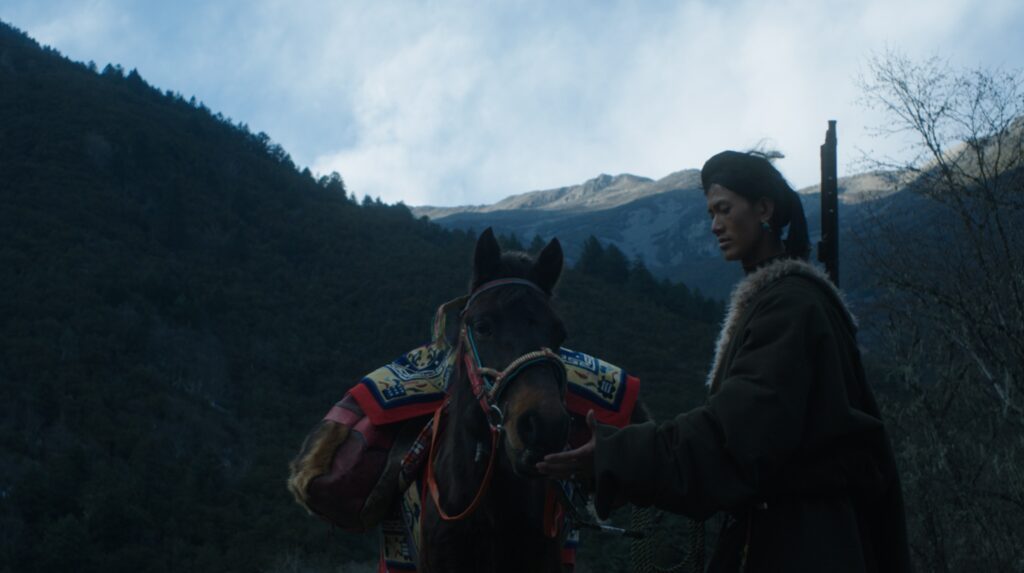 A person with a weapon on their back is feeding a horse in front of a mountain.