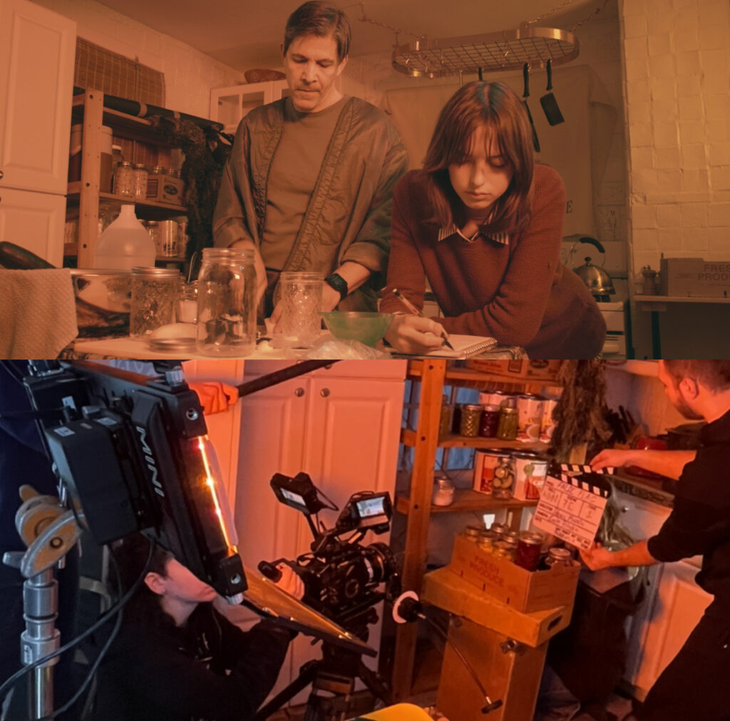 Two photos stacked on top of each other. The top photo is a still image from Steven's film showing two people in a kitchen standing close to eachother. The bottom photo is a behind the scenes photo showing the crew setting up the shot with a camera person holding the camera at a low angle and another crew member holding the slate.