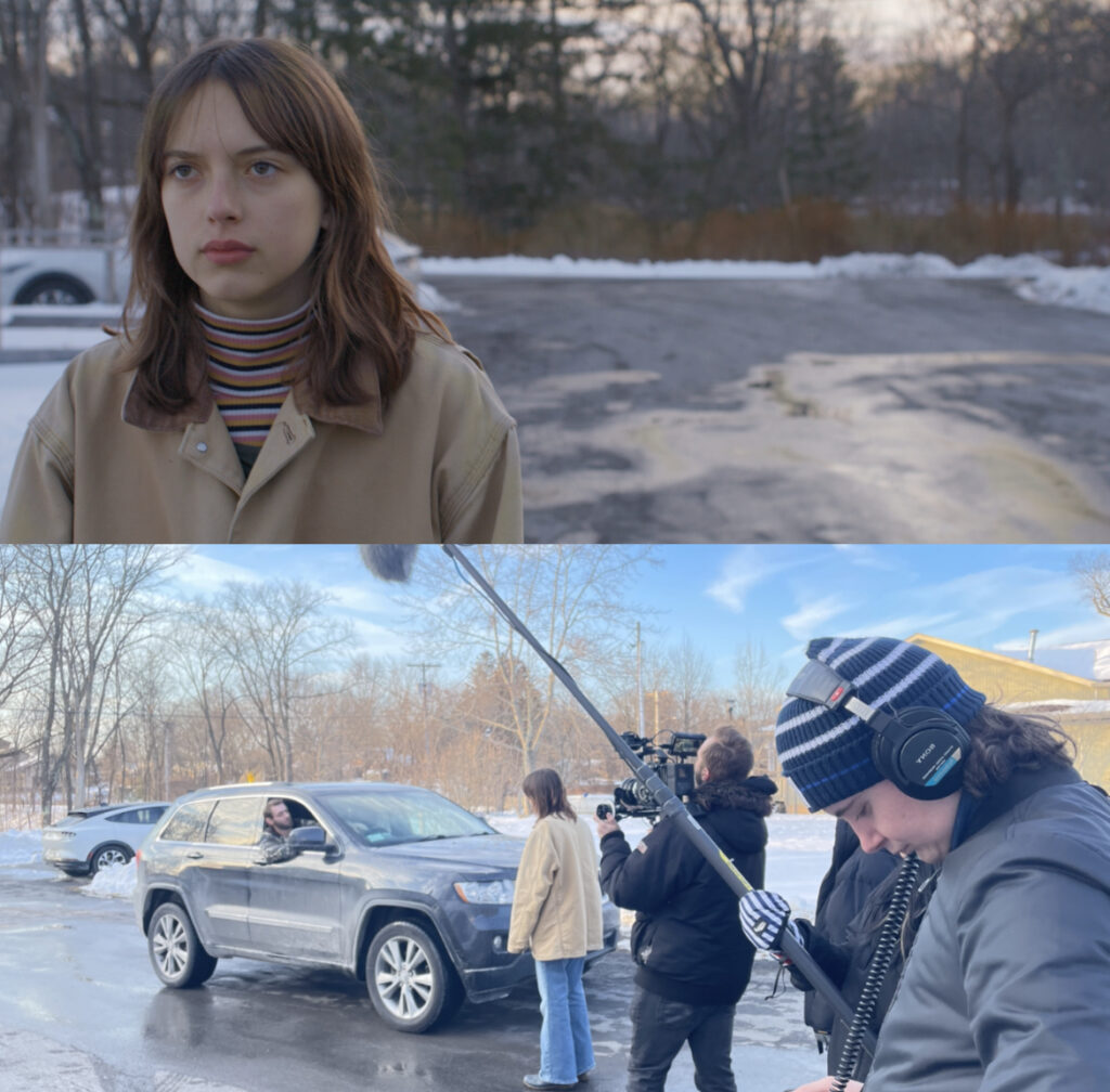 Two photos stacked on top of each other. The top photo is a still image from Steven's film showing a young person standing outside on a cold winter day with snow behind them, looking stern. The bottom photo is a behind the scenes photo of the shot showing the crew gathered around the actor.