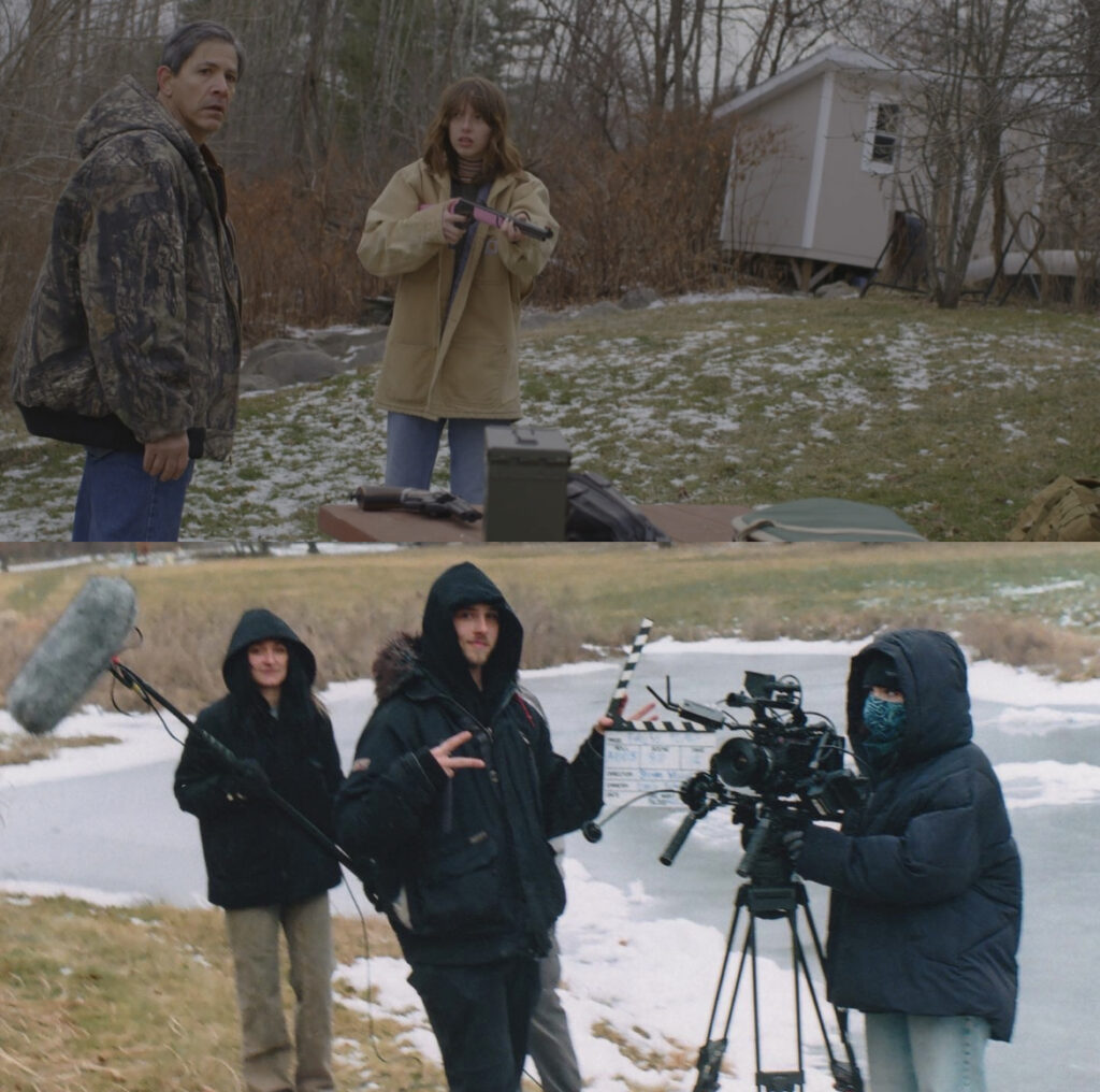 Two photos stacked on top of each other. The top photo is a still image from Steven's film showing two people standing outside looking off camera. one of them holds a gun with a concerned look on their face. There is snow on the ground. The bottom photo shows the crew behind the scenes. Three crew members stand in the snow. One operates the camera, another the boom, and the third holds the slate.