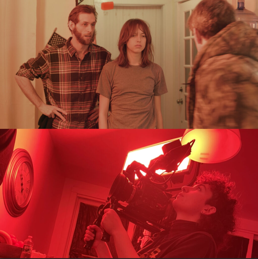 Two photos stacked on top of each other. The top photo is a still image from Steven's film showing three people looking at each other. The bottom photo shows behind the scenes as a camera operator prepares a shot with a red light glowing. 