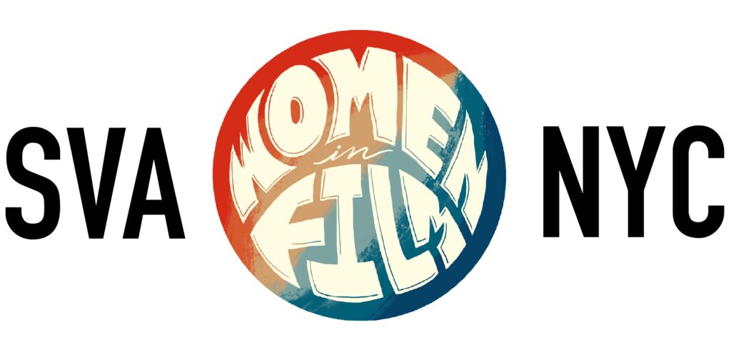 Women in Film Logo with SVA NYC surrounding a ball that says Women in Film