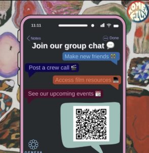 Women in Film phone display mockup with info displayed: "Join our Group Chat, Make new Friends, Post a crew call, access film resources, see our upcoming events"