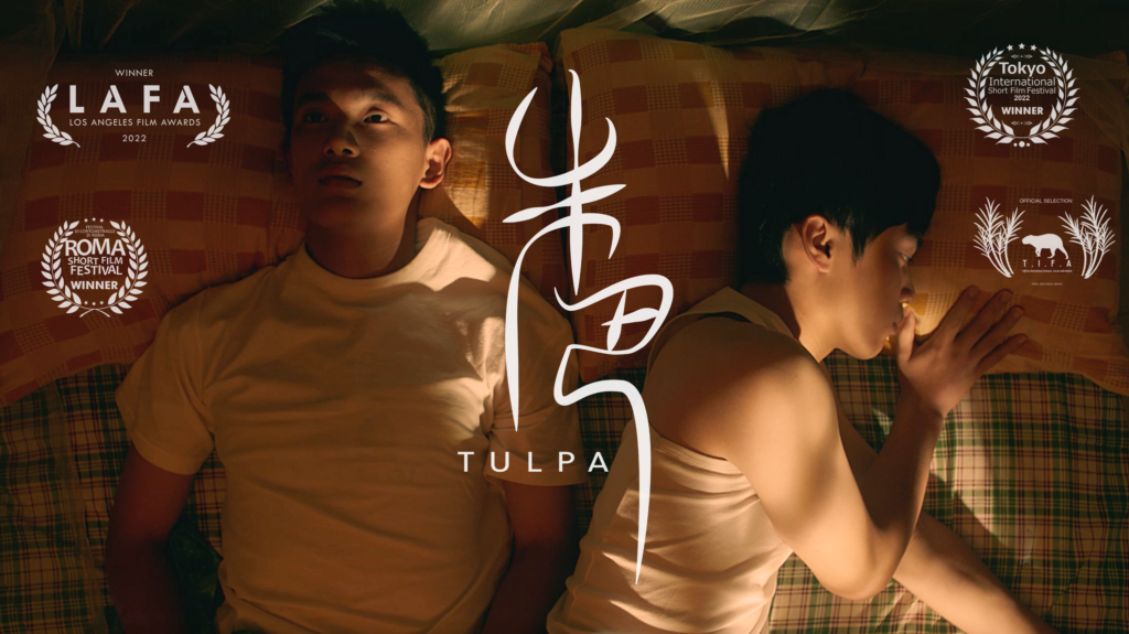 poster for Tulpa that shows to men laying in bed beside eachother with the text and festival screening laurels around them.