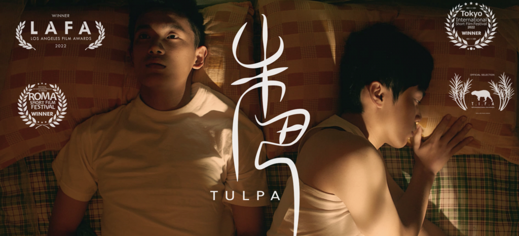 poster for Tulpa that shows to men laying in bed beside eachother with the text and festival screening laurels around them.