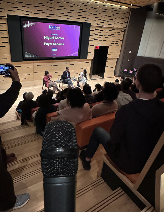 Festival goers attending a 'crosscut' - lecture style talk from NYFF - between Portuguese filmmaker Miguel Gomes and Indian filmmaker Payal Kapadia.