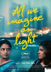 Poster for the film All We Imagine as Light. Two women against a blue, rainy and blurred city background. 