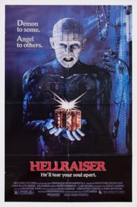 Poster for the 1987 film Hellraiser. An image of the character Pinhead centered in the poster, accompanied by the title, taglines, main cast and crew credits in smaller text. 