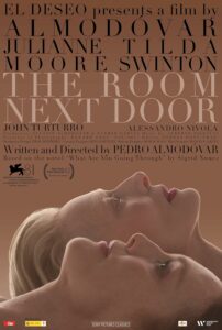 Poster for the film The Room Next Door, featuring an image of the two main lead actresses’ pensive faces looking upwards. 